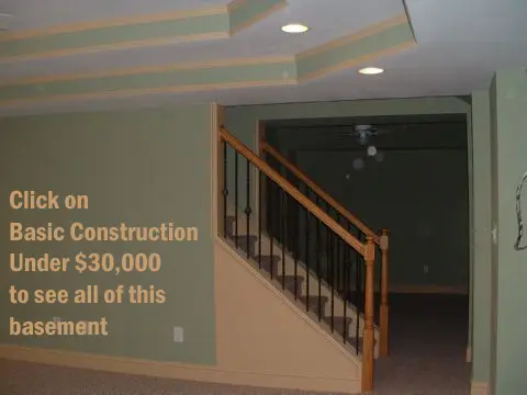 A room with stairs and a sign on the wall.