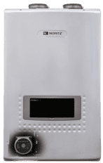 A white wall mounted water heater with a black screen.